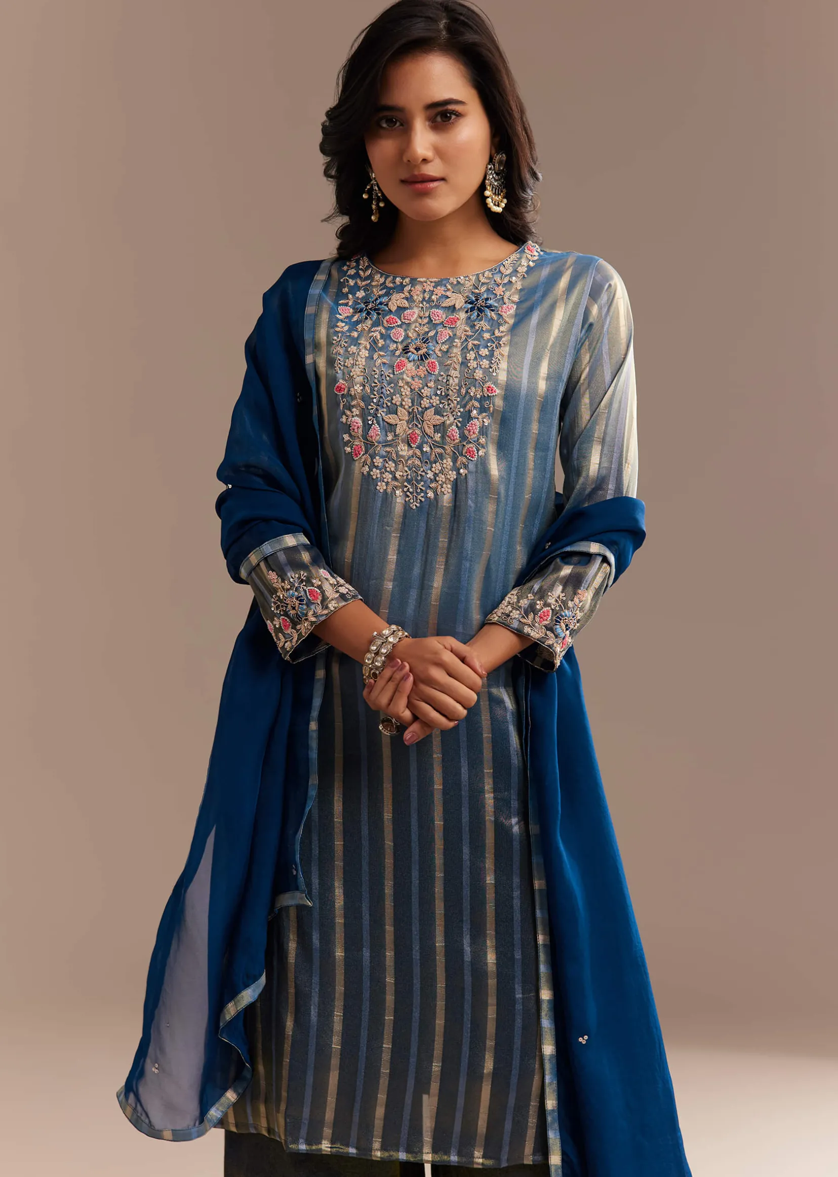 Teal Blue Tissue Zardosi Embroidered Palazzo Set