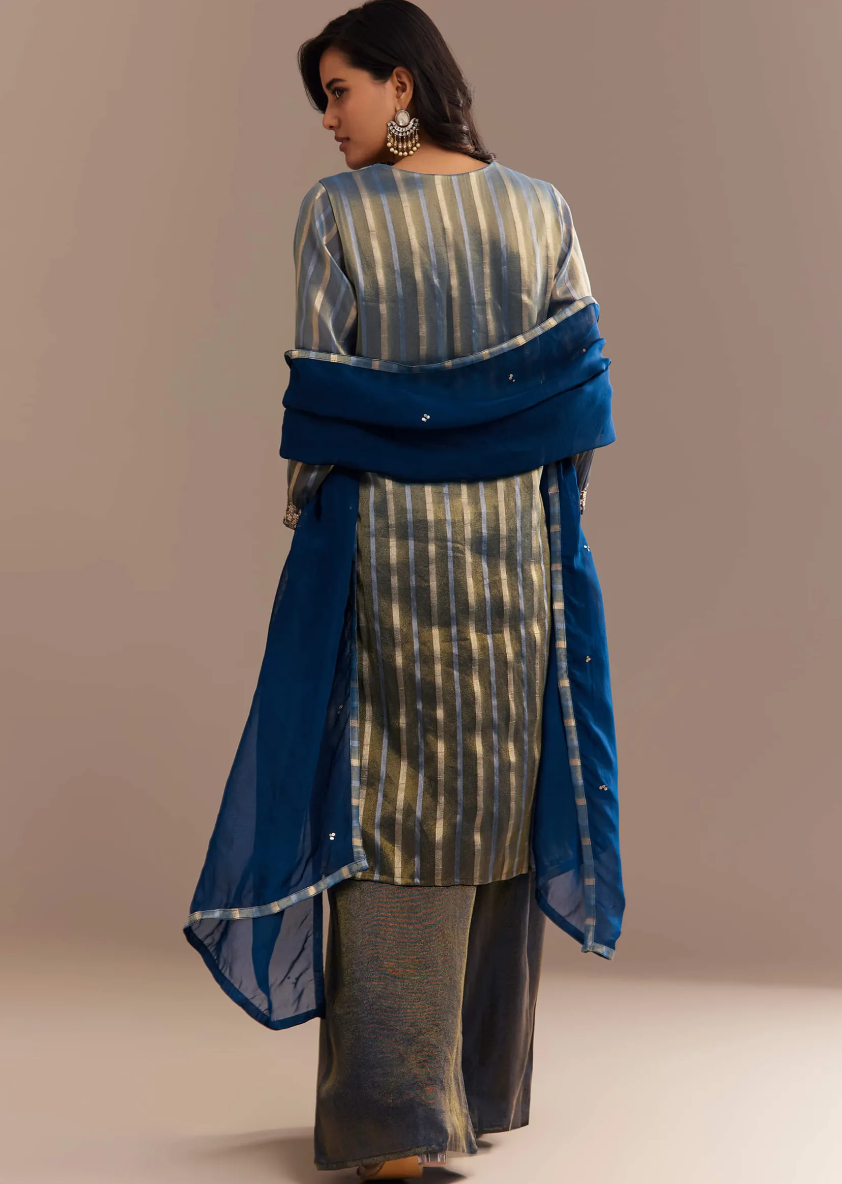 Teal Blue Tissue Zardosi Embroidered Palazzo Set