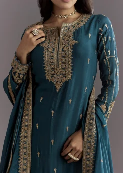Teal Blue Zari Beaded Kurta With Sequin Palazzo And Butti Work Dupatta