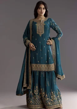 Teal Blue Zari Beaded Kurta With Sequin Palazzo And Butti Work Dupatta