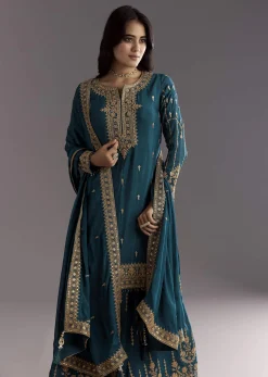 Teal Blue Zari Beaded Kurta With Sequin Palazzo And Butti Work Dupatta