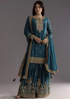 Teal Blue Zari Beaded Kurta With Sequin Palazzo And Butti Work Dupatta