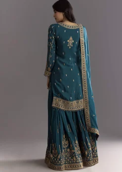 Teal Blue Zari Beaded Kurta With Sequin Palazzo And Butti Work Dupatta