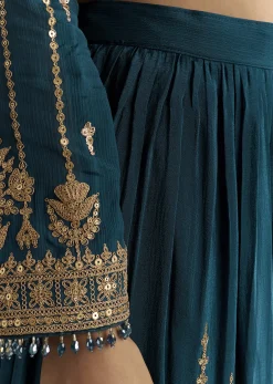 Teal Blue Zari Beaded Kurta With Sequin Palazzo And Butti Work Dupatta