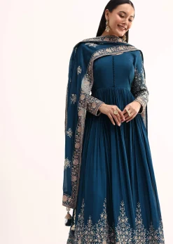 Teal Chinon Anarkali Suit With Zari Work