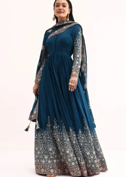 Teal Chinon Anarkali Suit With Zari Work