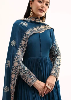 Teal Chinon Anarkali Suit With Zari Work