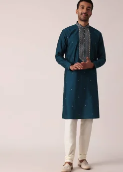 Teal Cotton Silk Kurta Set For Men
