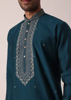 Teal Cotton Silk Kurta Set For Men