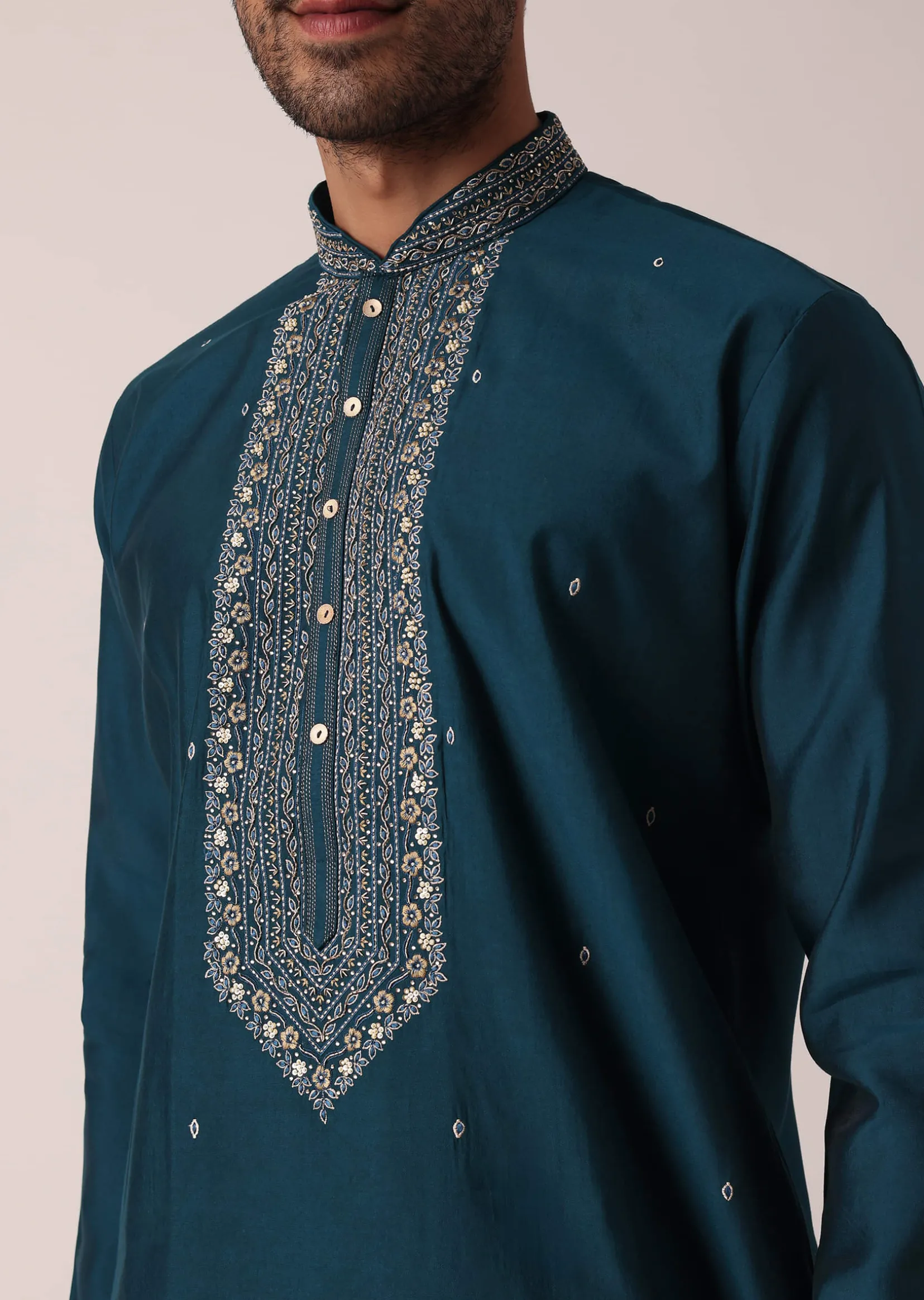 Teal Cotton Silk Kurta Set For Men