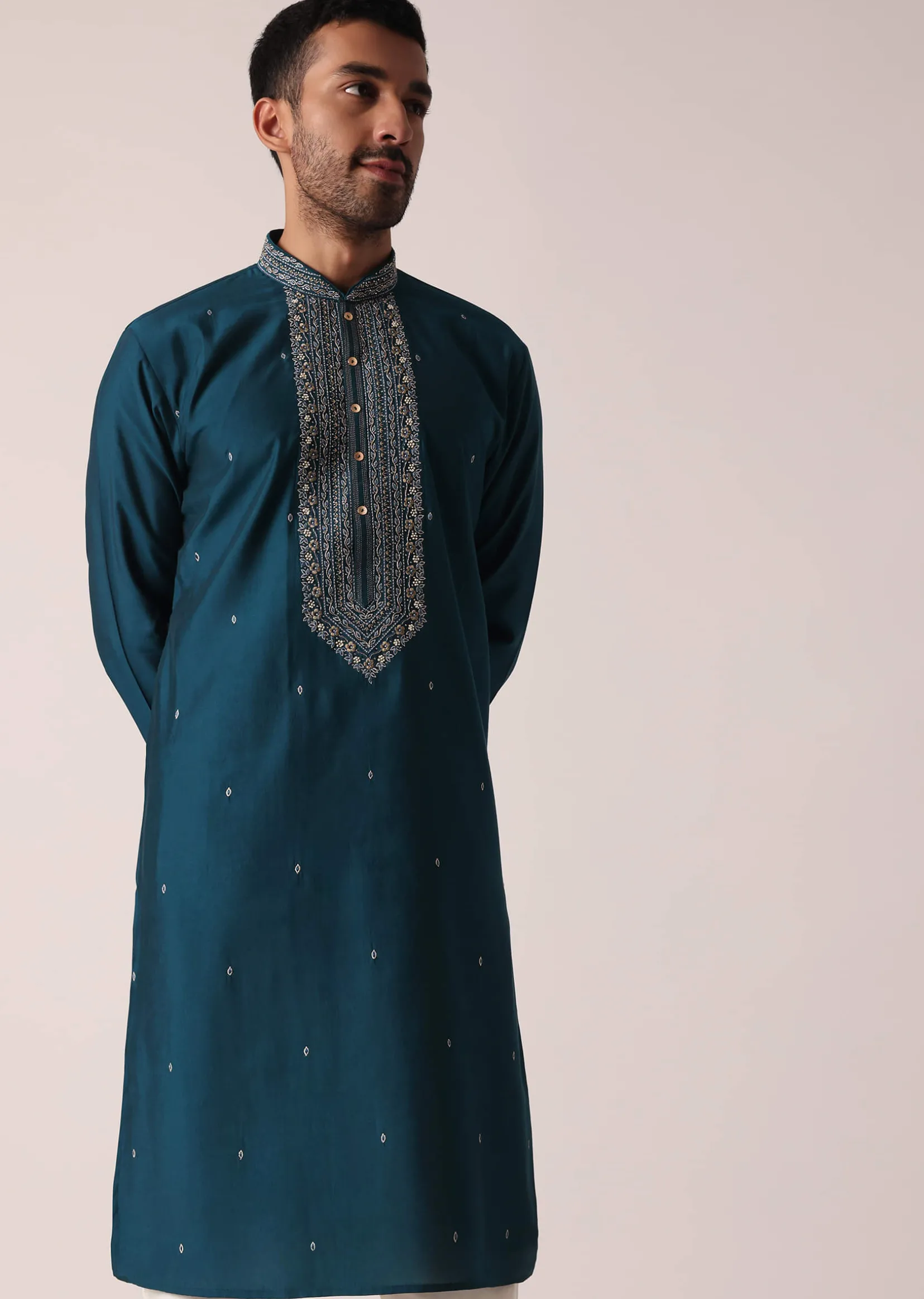 Teal Cotton Silk Kurta Set For Men