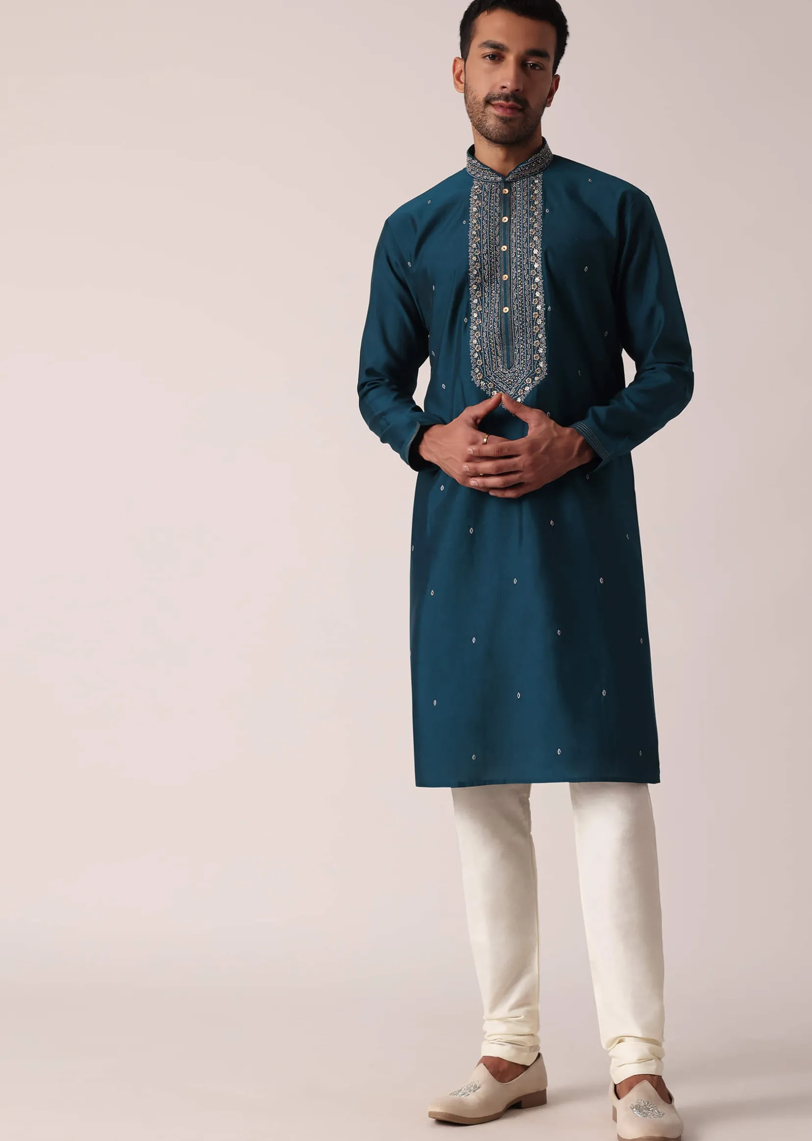 Teal Cotton Silk Kurta Set For Men