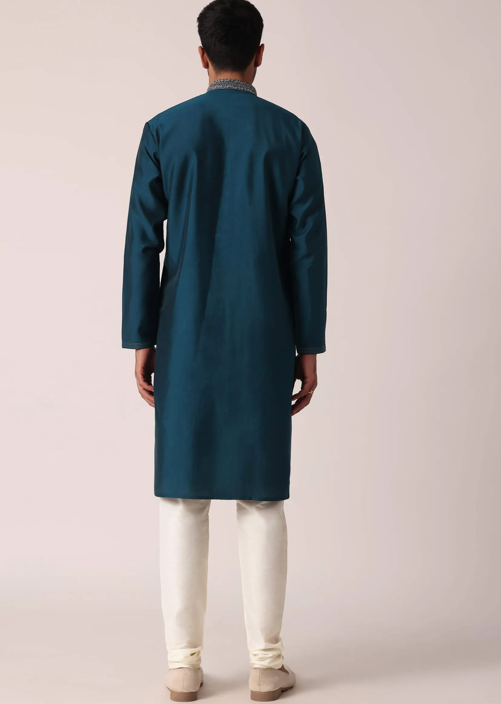 Teal Cotton Silk Kurta Set For Men