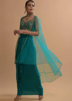 Teal Drape Skirt And Crop Top With Matching Cape And Colorful Resham Embroidered Spring Blooms