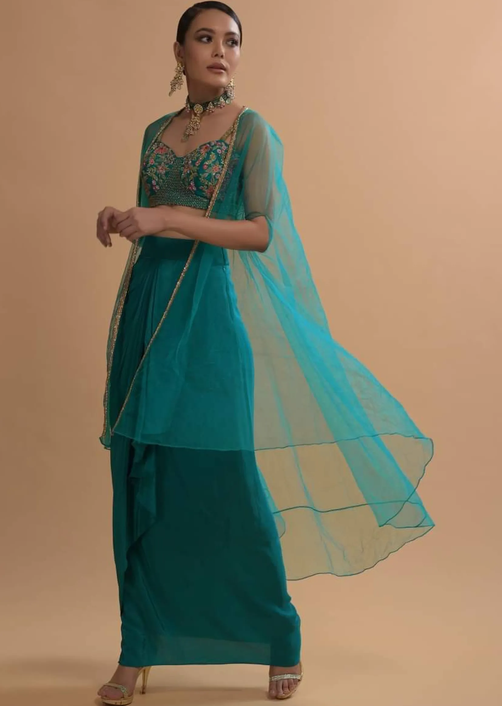 Teal Drape Skirt And Crop Top With Matching Cape And Colorful Resham Embroidered Spring Blooms