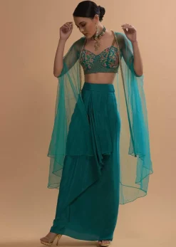 Teal Drape Skirt And Crop Top With Matching Cape And Colorful Resham Embroidered Spring Blooms