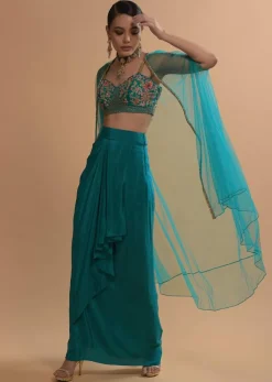 Teal Drape Skirt And Crop Top With Matching Cape And Colorful Resham Embroidered Spring Blooms
