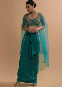 Teal Drape Skirt And Crop Top With Matching Cape And Colorful Resham Embroidered Spring Blooms