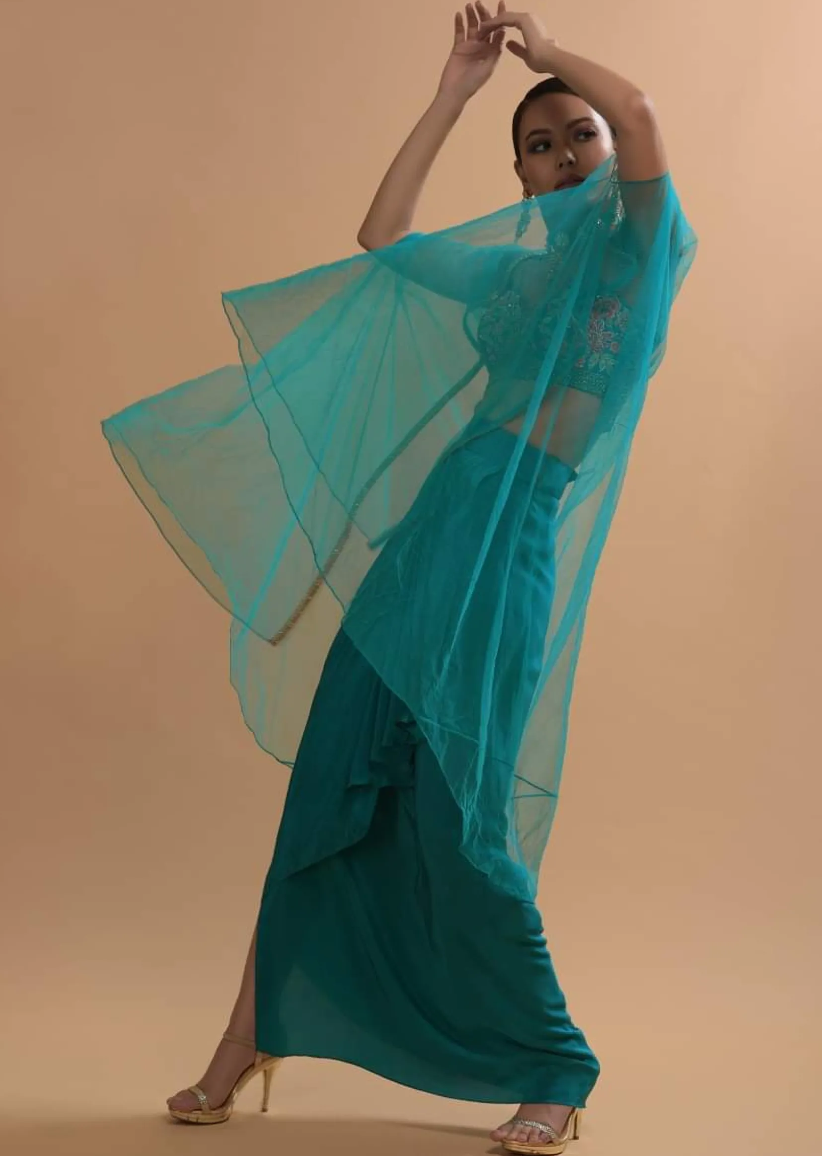 Teal Drape Skirt And Crop Top With Matching Cape And Colorful Resham Embroidered Spring Blooms