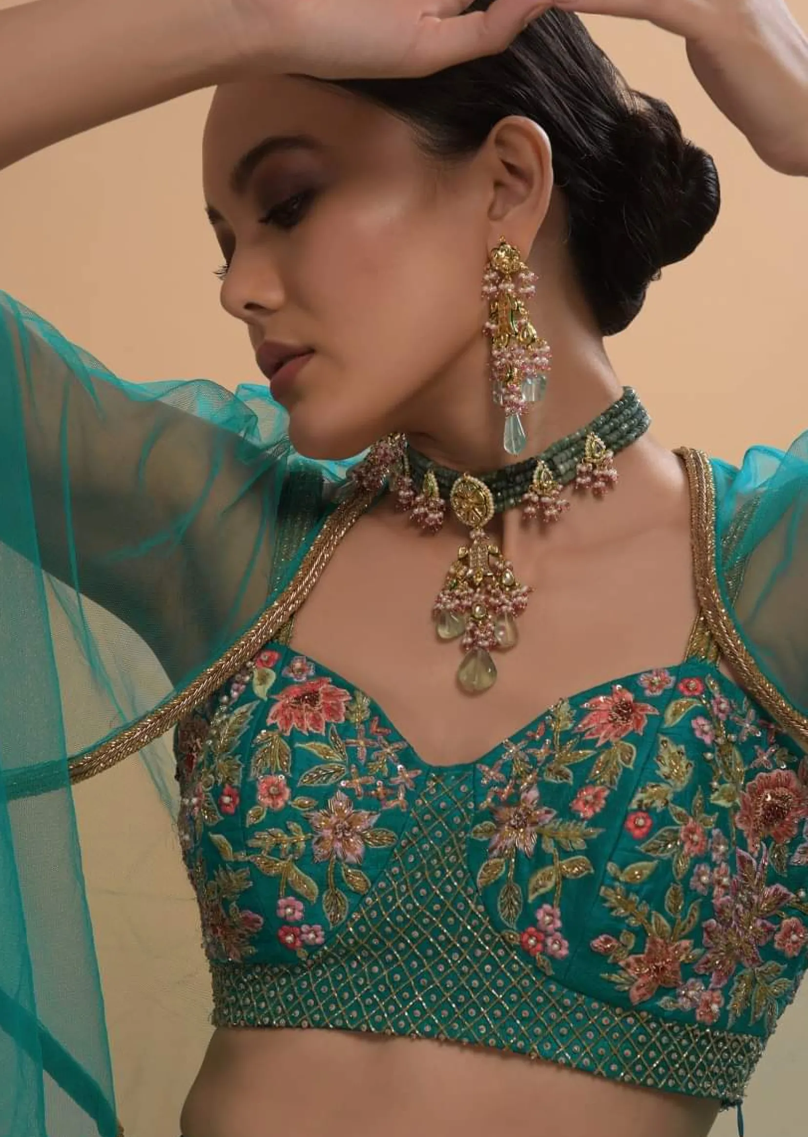 Teal Drape Skirt And Crop Top With Matching Cape And Colorful Resham Embroidered Spring Blooms
