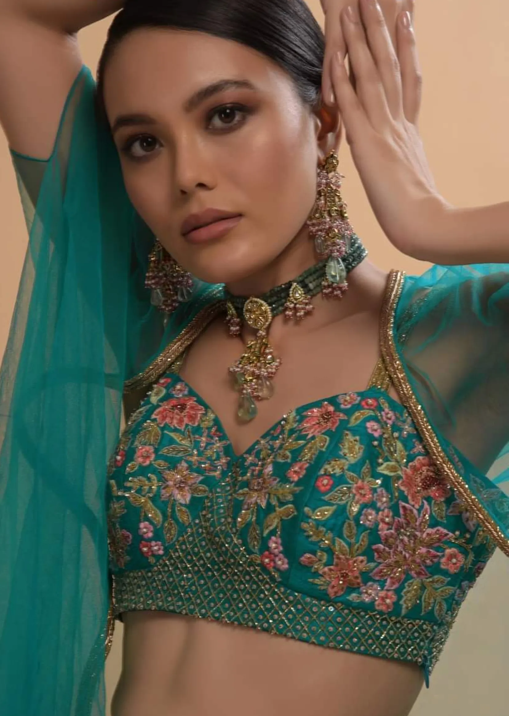 Teal Drape Skirt And Crop Top With Matching Cape And Colorful Resham Embroidered Spring Blooms