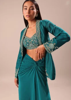 Teal Drape Skirt With Hand Embroidered Blouse And Jacket