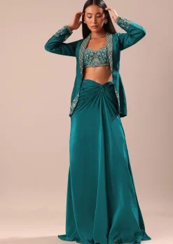 Teal Drape Skirt With Hand Embroidered Blouse And Jacket