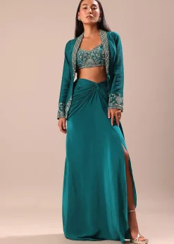 Teal Drape Skirt With Hand Embroidered Blouse And Jacket