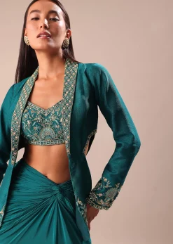 Teal Drape Skirt With Hand Embroidered Blouse And Jacket