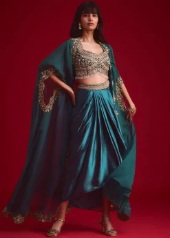 Teal Embroidered Crop Top And Draped Skirt With Jacket