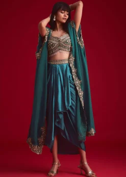 Teal Embroidered Crop Top And Draped Skirt With Jacket