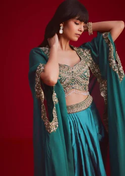 Teal Embroidered Crop Top And Draped Skirt With Jacket