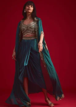 Teal Embroidered Crop Top And Draped Skirt With Jacket