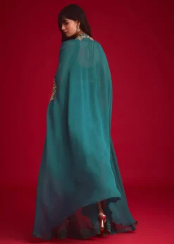Teal Embroidered Crop Top And Draped Skirt With Jacket
