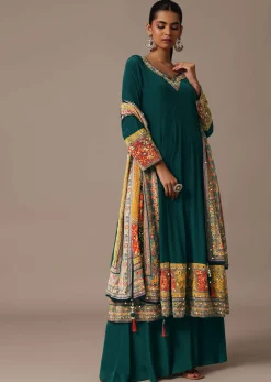 Teal Embroidered Kurta Palazzo Set With Mirror Work Dupatta
