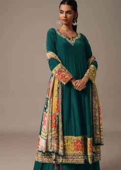Teal Embroidered Kurta Palazzo Set With Mirror Work Dupatta
