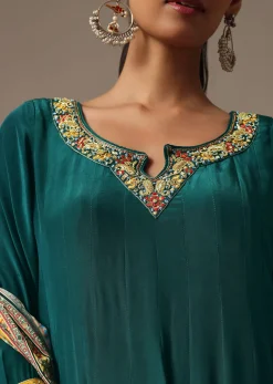 Teal Embroidered Kurta Palazzo Set With Mirror Work Dupatta
