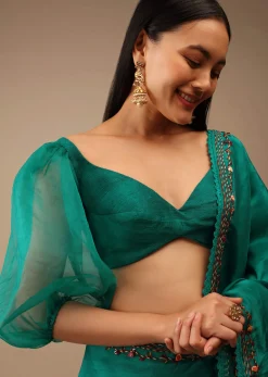 Teal Green Blouse In Raw Silk With Three Quarter Sleeves And Sweetheart Neckline