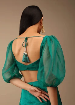 Teal Green Blouse In Raw Silk With Three Quarter Sleeves And Sweetheart Neckline