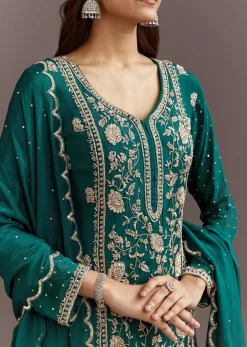 Teal Green Cutdana And Sequins Kurta Sharara With Dupatta