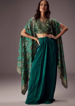 Teal Green Draped Skirt With Embroidered Blouse And Tassel Cape