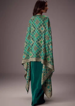 Teal Green Draped Skirt With Embroidered Blouse And Tassel Cape