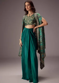 Teal Green Draped Skirt With Embroidered Blouse And Tassel Cape