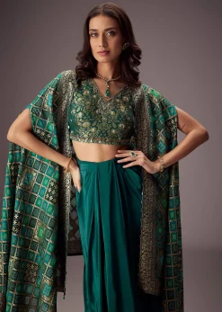 Teal Green Draped Skirt With Embroidered Blouse And Tassel Cape