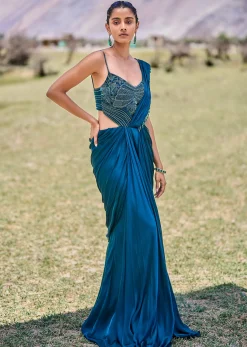 Teal Green Embroidered Drape Gown With Pleated Tassel Pallu