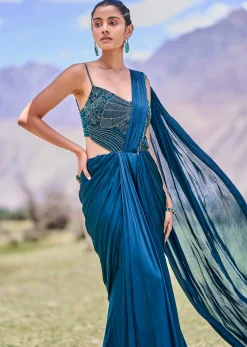 Teal Green Embroidered Drape Gown With Pleated Tassel Pallu