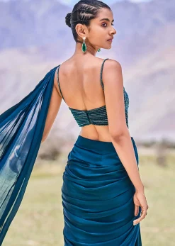 Teal Green Embroidered Drape Gown With Pleated Tassel Pallu