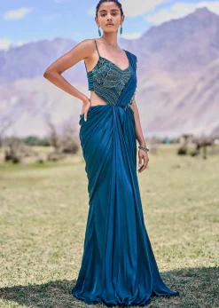 Teal Green Embroidered Drape Gown With Pleated Tassel Pallu
