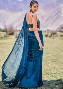 Teal Green Embroidered Drape Gown With Pleated Tassel Pallu