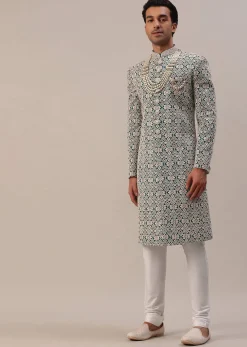 Teal Green Embroidered Sherwani Set With Layered Mala